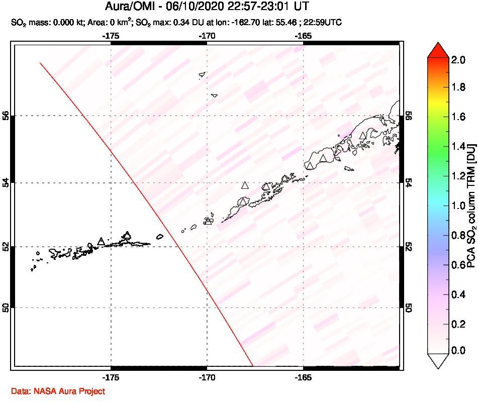 A sulfur dioxide image over Aleutian Islands, Alaska, USA on Jun 10, 2020.
