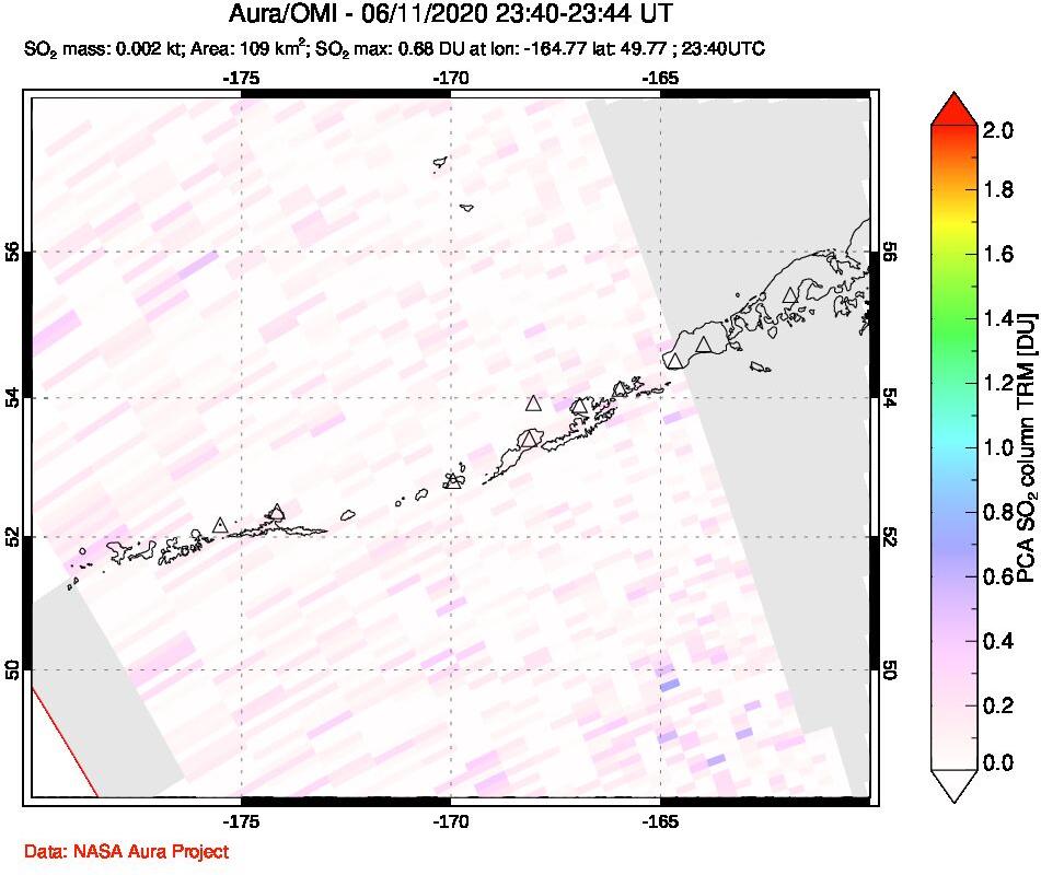 A sulfur dioxide image over Aleutian Islands, Alaska, USA on Jun 11, 2020.