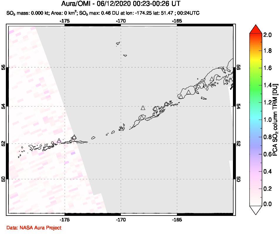 A sulfur dioxide image over Aleutian Islands, Alaska, USA on Jun 12, 2020.