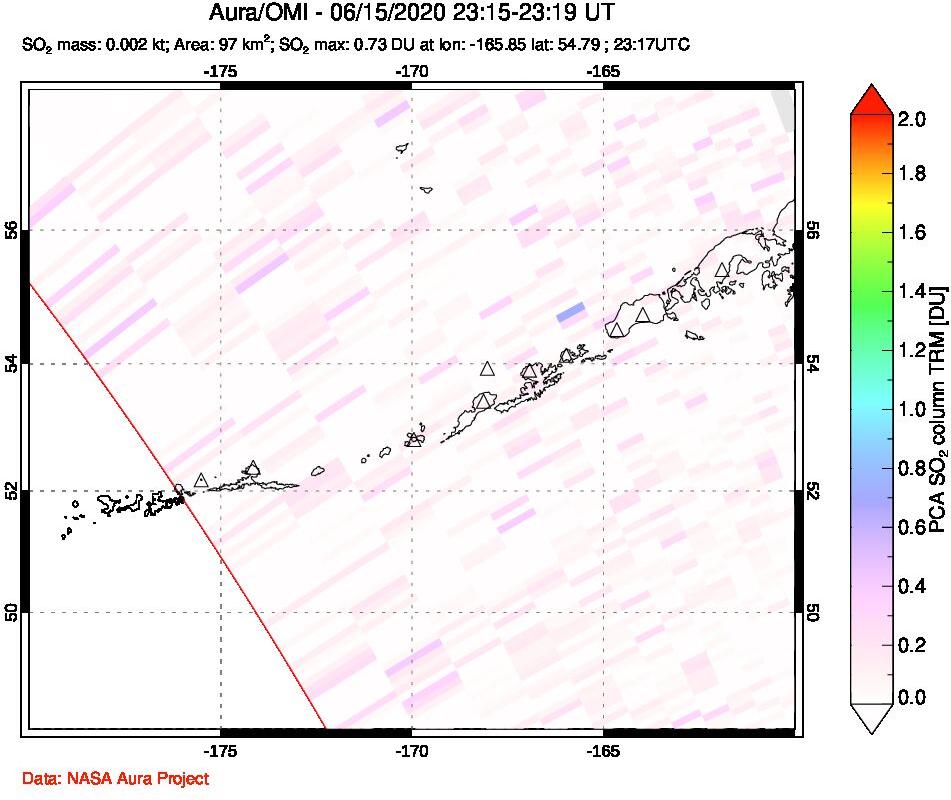 A sulfur dioxide image over Aleutian Islands, Alaska, USA on Jun 15, 2020.