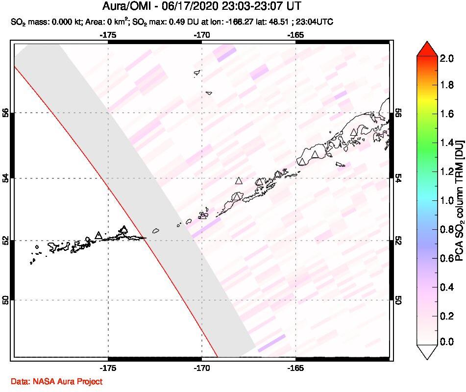 A sulfur dioxide image over Aleutian Islands, Alaska, USA on Jun 17, 2020.