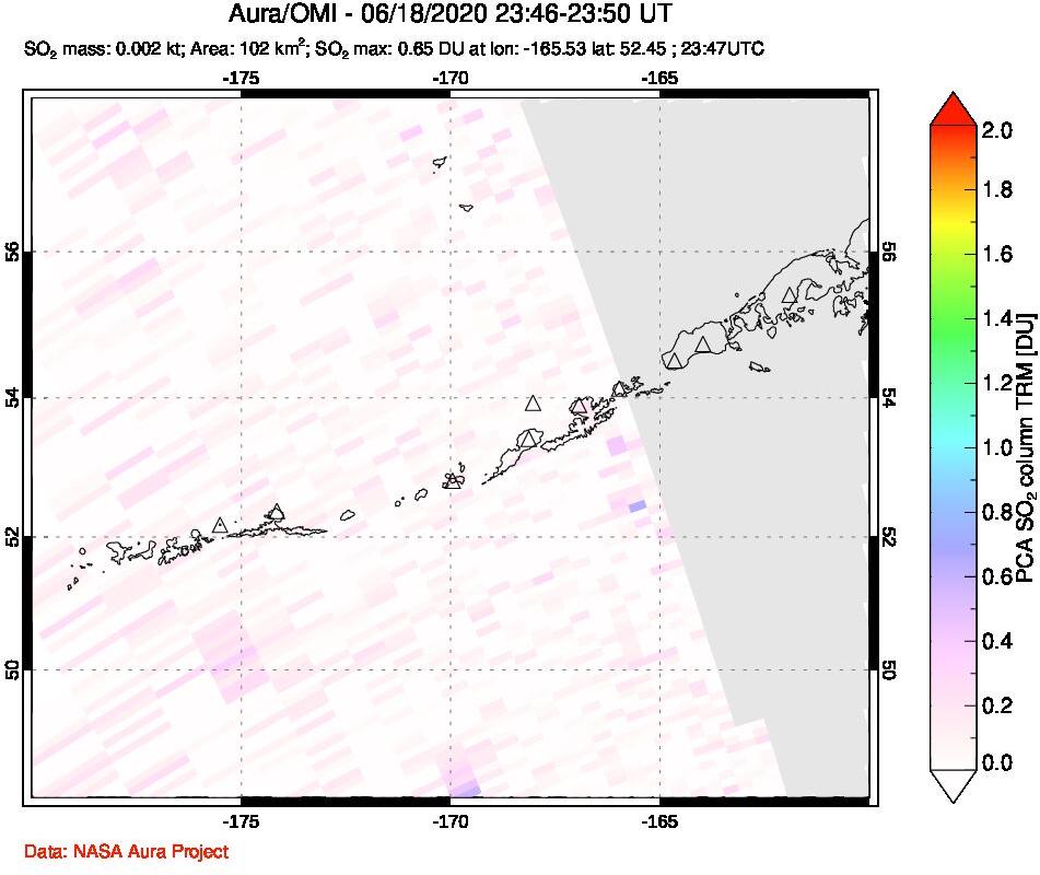 A sulfur dioxide image over Aleutian Islands, Alaska, USA on Jun 18, 2020.