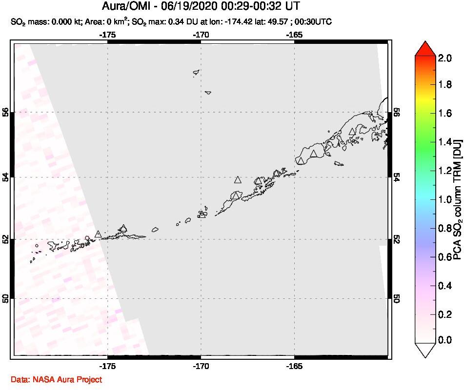 A sulfur dioxide image over Aleutian Islands, Alaska, USA on Jun 19, 2020.