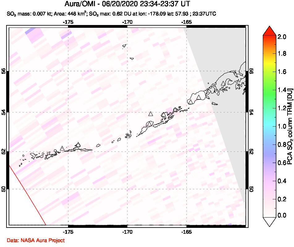 A sulfur dioxide image over Aleutian Islands, Alaska, USA on Jun 20, 2020.