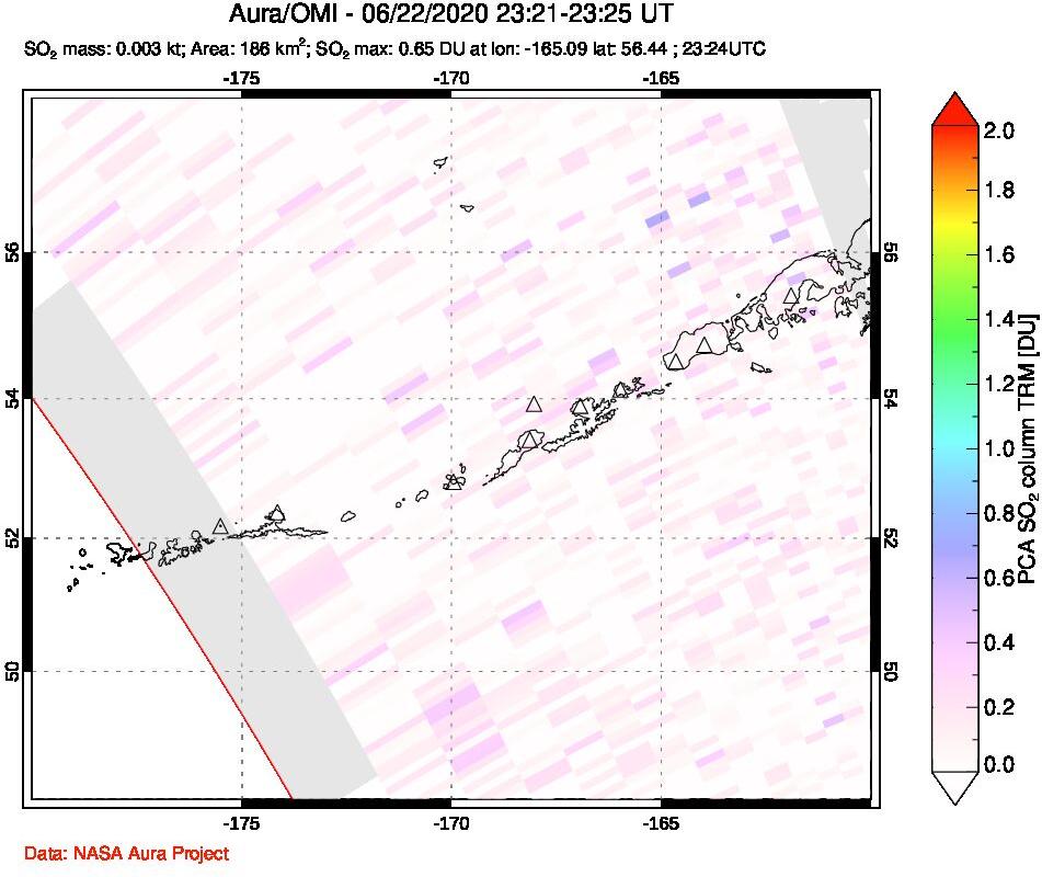 A sulfur dioxide image over Aleutian Islands, Alaska, USA on Jun 22, 2020.