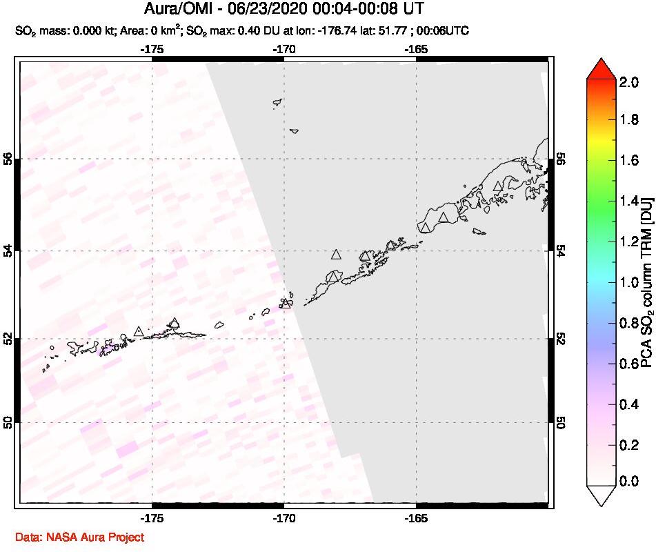 A sulfur dioxide image over Aleutian Islands, Alaska, USA on Jun 23, 2020.