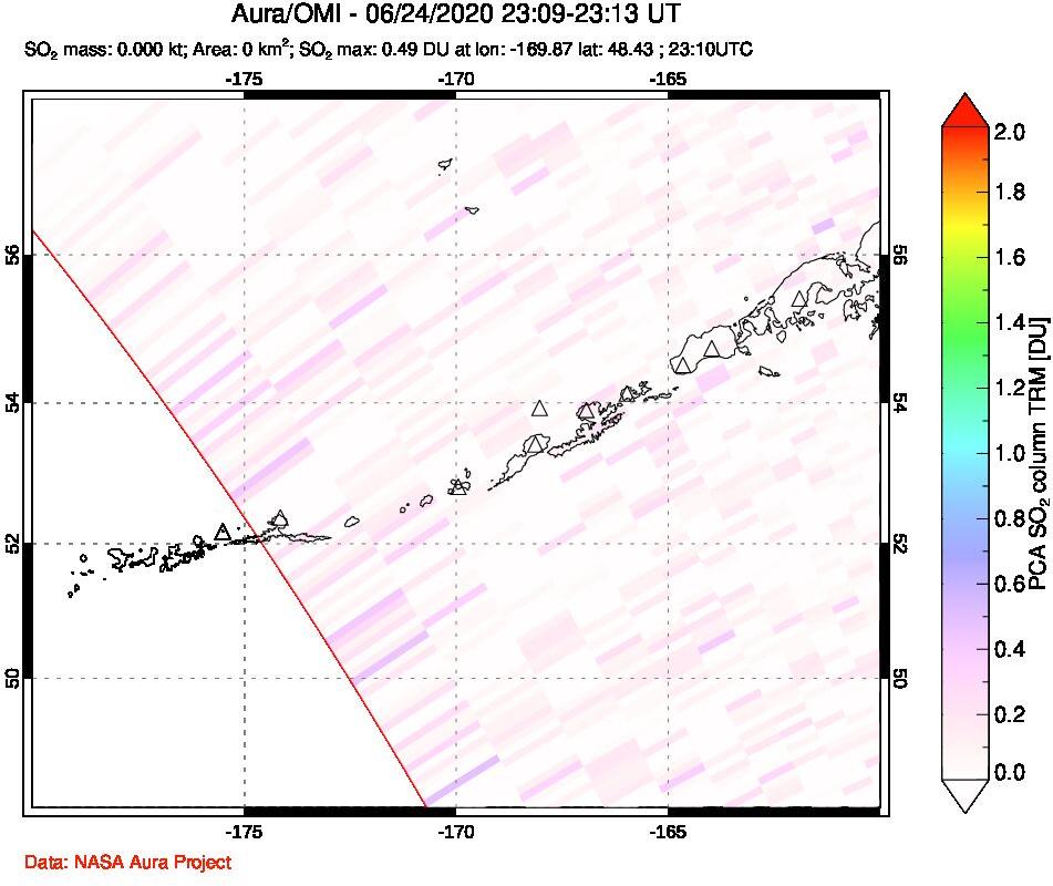 A sulfur dioxide image over Aleutian Islands, Alaska, USA on Jun 24, 2020.