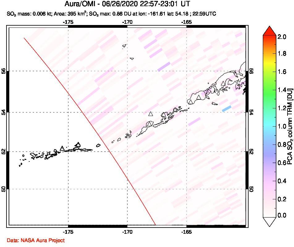 A sulfur dioxide image over Aleutian Islands, Alaska, USA on Jun 26, 2020.