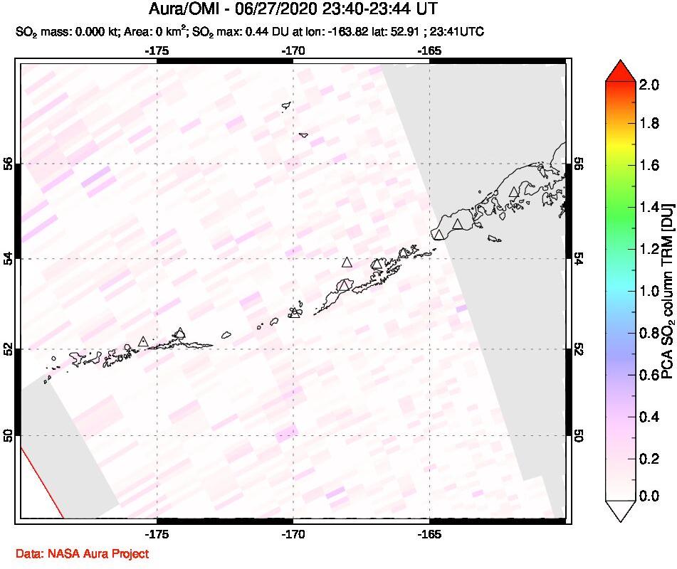 A sulfur dioxide image over Aleutian Islands, Alaska, USA on Jun 27, 2020.