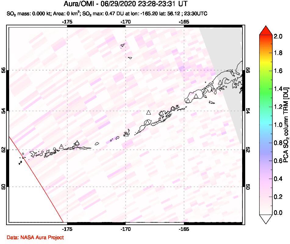A sulfur dioxide image over Aleutian Islands, Alaska, USA on Jun 29, 2020.