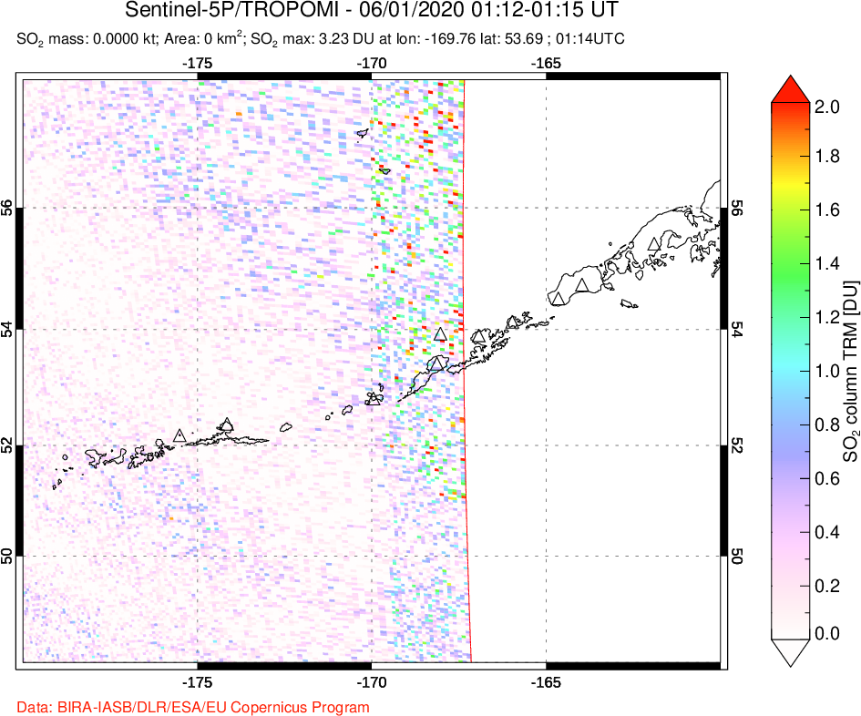 A sulfur dioxide image over Aleutian Islands, Alaska, USA on Jun 01, 2020.