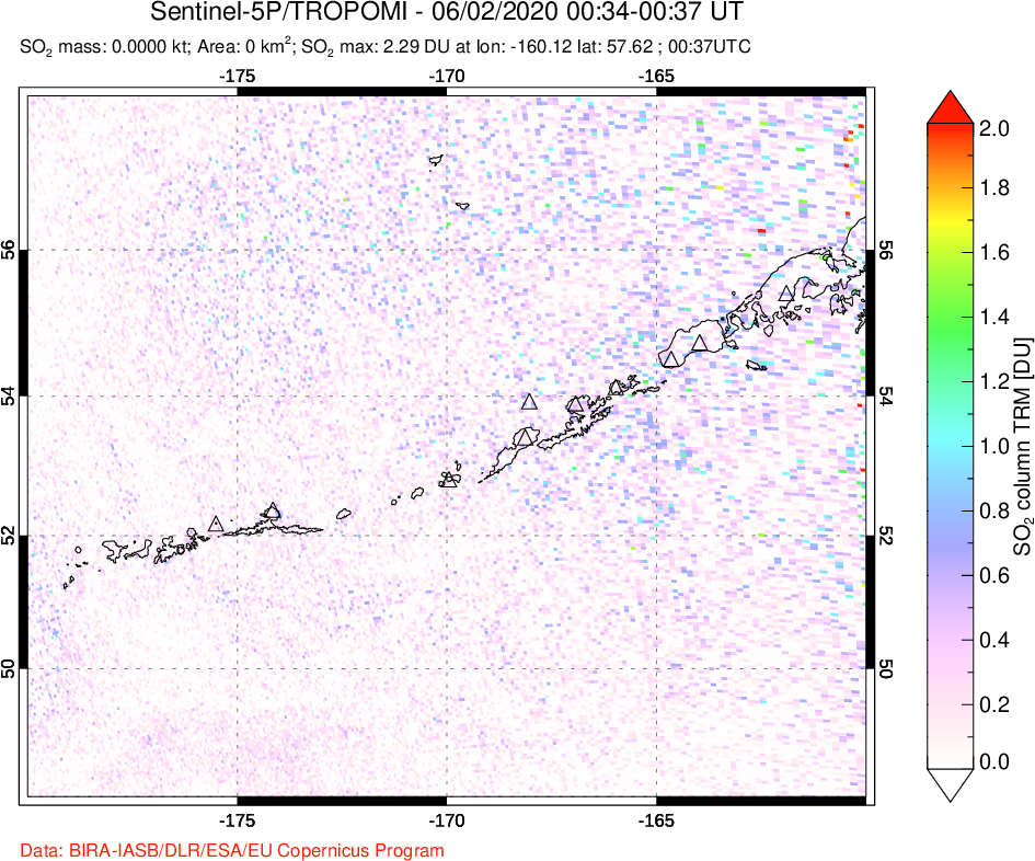 A sulfur dioxide image over Aleutian Islands, Alaska, USA on Jun 02, 2020.