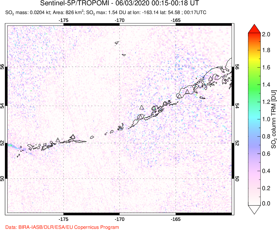 A sulfur dioxide image over Aleutian Islands, Alaska, USA on Jun 03, 2020.