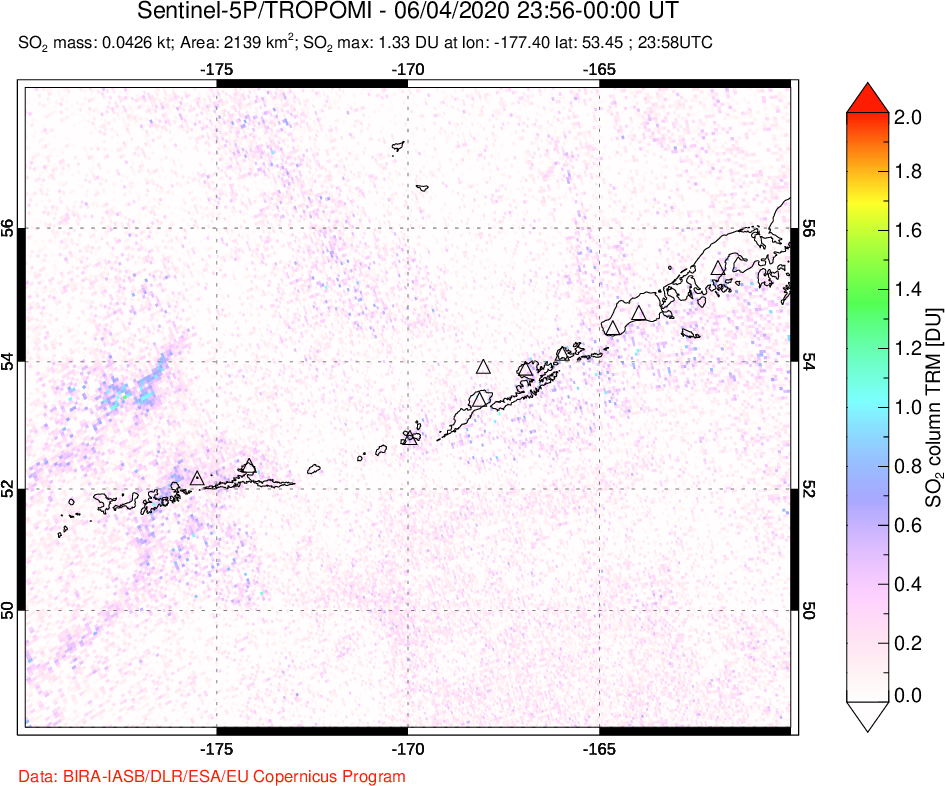 A sulfur dioxide image over Aleutian Islands, Alaska, USA on Jun 04, 2020.
