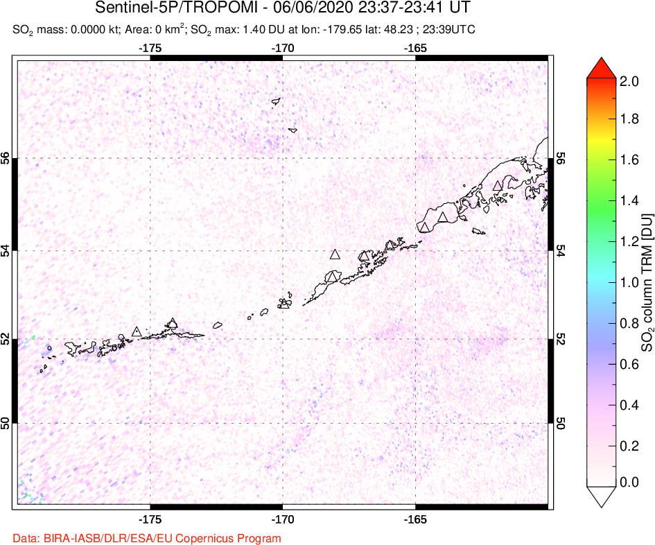 A sulfur dioxide image over Aleutian Islands, Alaska, USA on Jun 06, 2020.