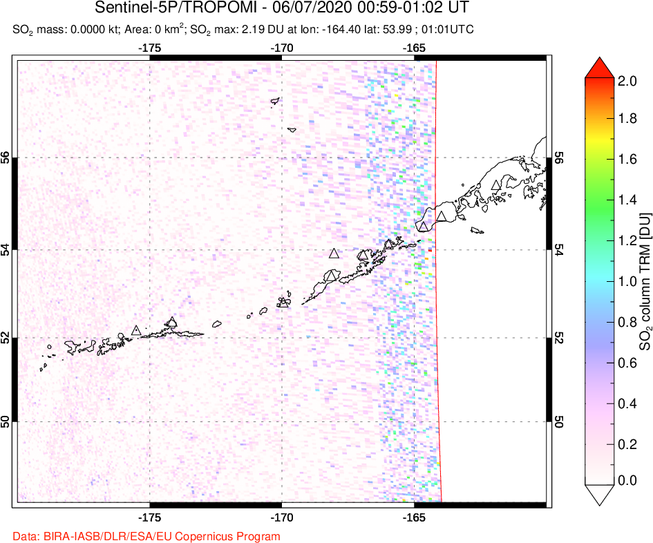 A sulfur dioxide image over Aleutian Islands, Alaska, USA on Jun 07, 2020.