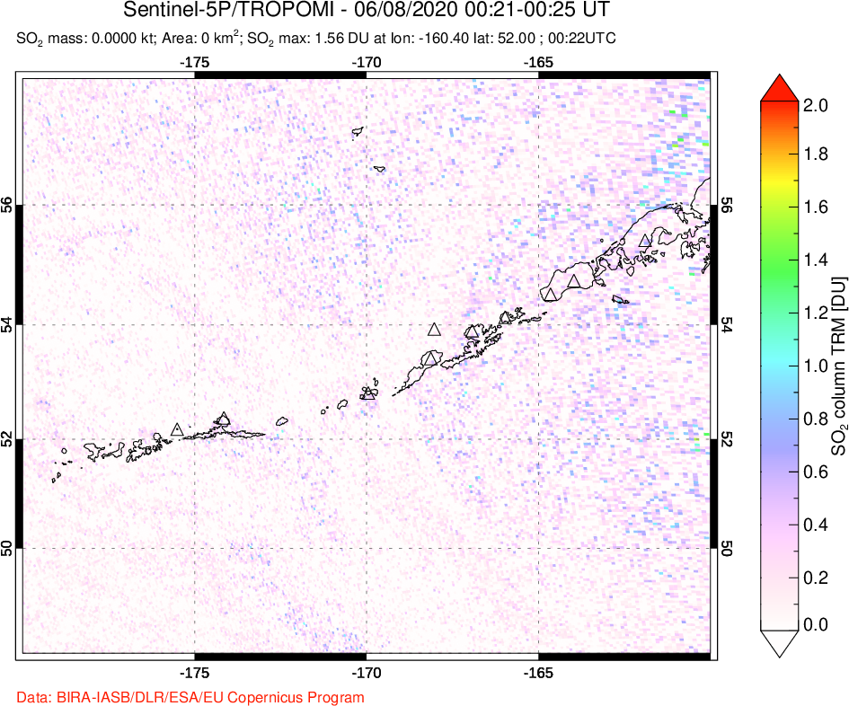 A sulfur dioxide image over Aleutian Islands, Alaska, USA on Jun 08, 2020.