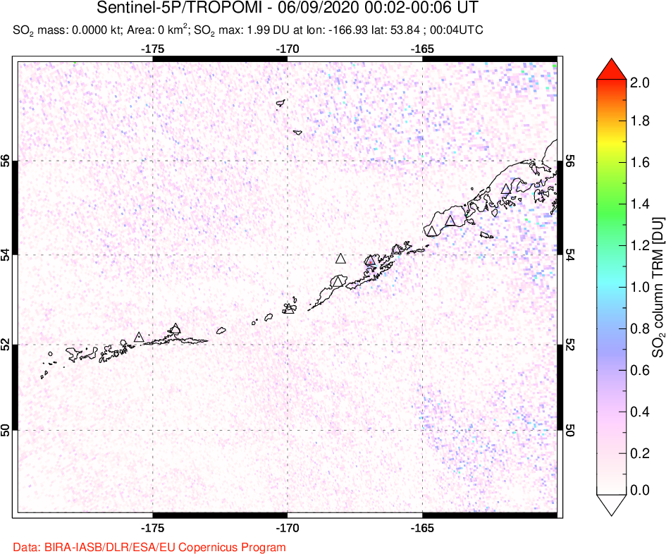 A sulfur dioxide image over Aleutian Islands, Alaska, USA on Jun 09, 2020.