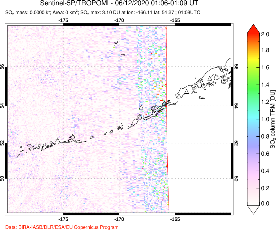 A sulfur dioxide image over Aleutian Islands, Alaska, USA on Jun 12, 2020.