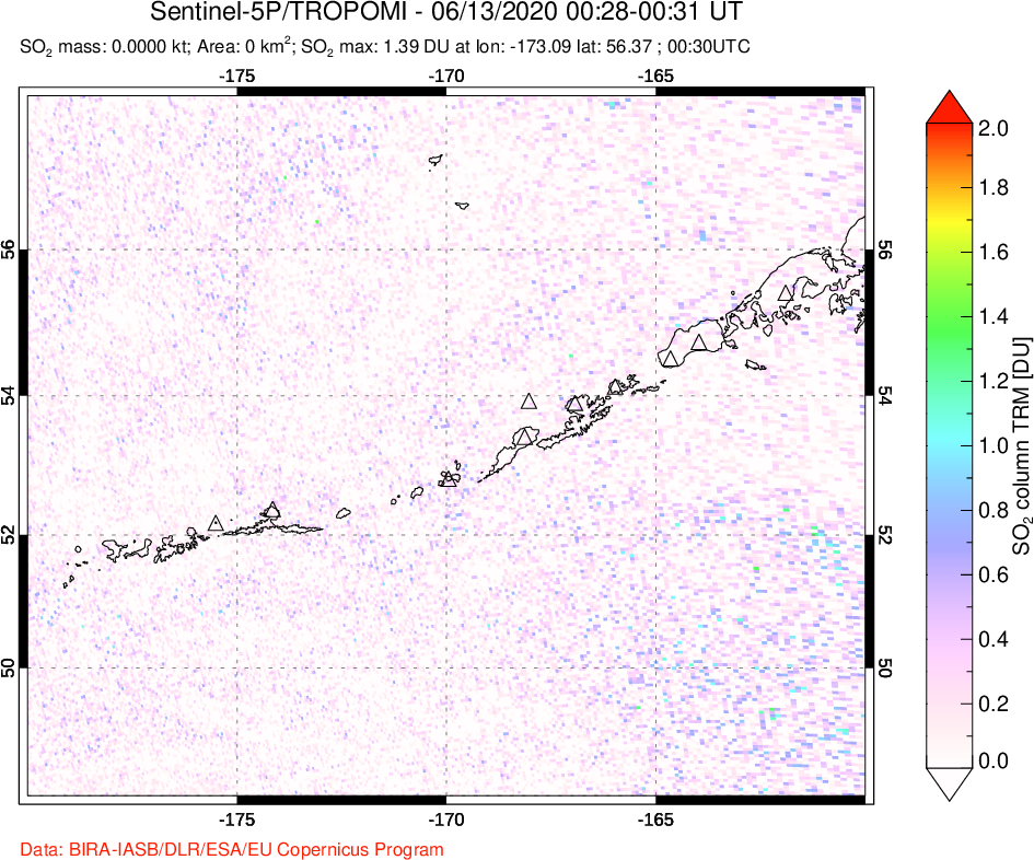 A sulfur dioxide image over Aleutian Islands, Alaska, USA on Jun 13, 2020.
