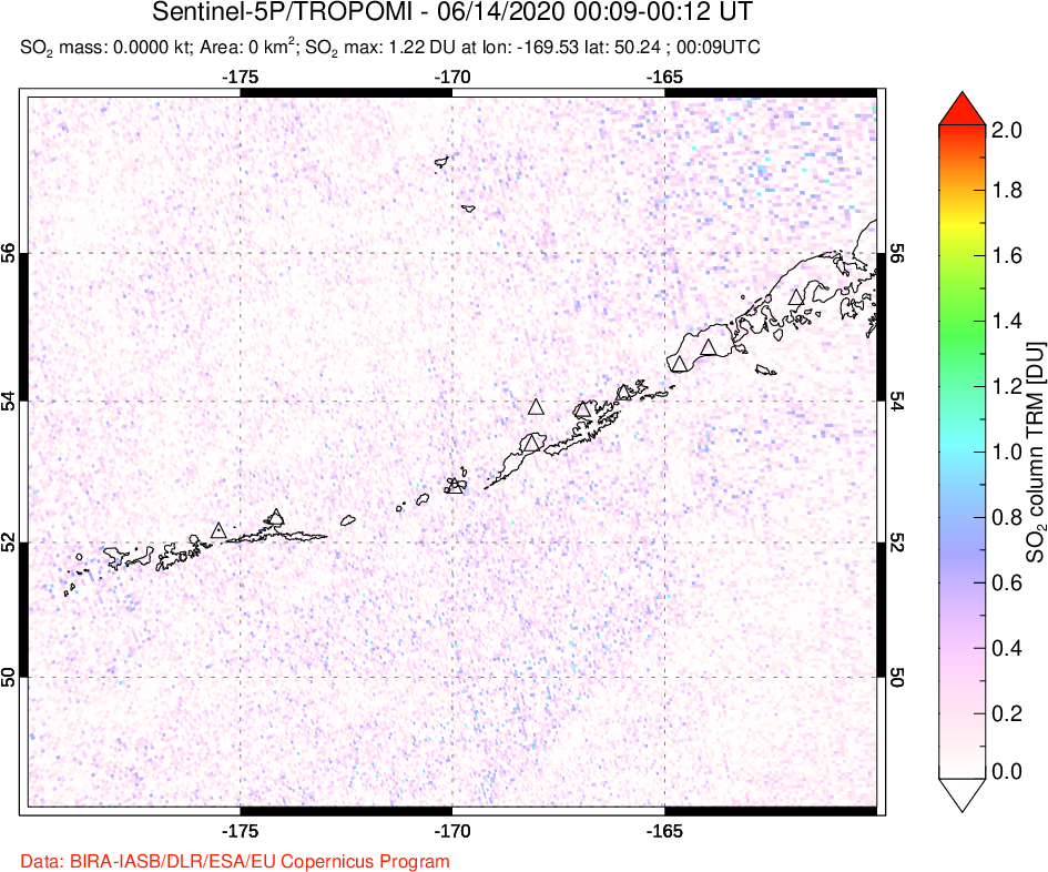 A sulfur dioxide image over Aleutian Islands, Alaska, USA on Jun 14, 2020.