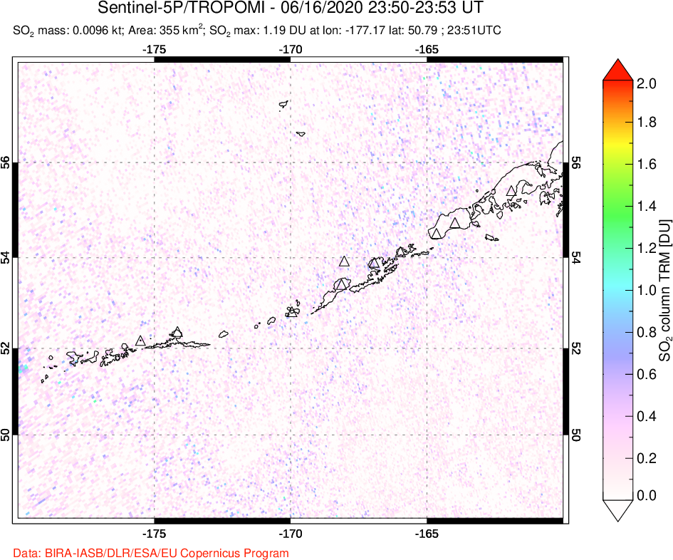 A sulfur dioxide image over Aleutian Islands, Alaska, USA on Jun 16, 2020.