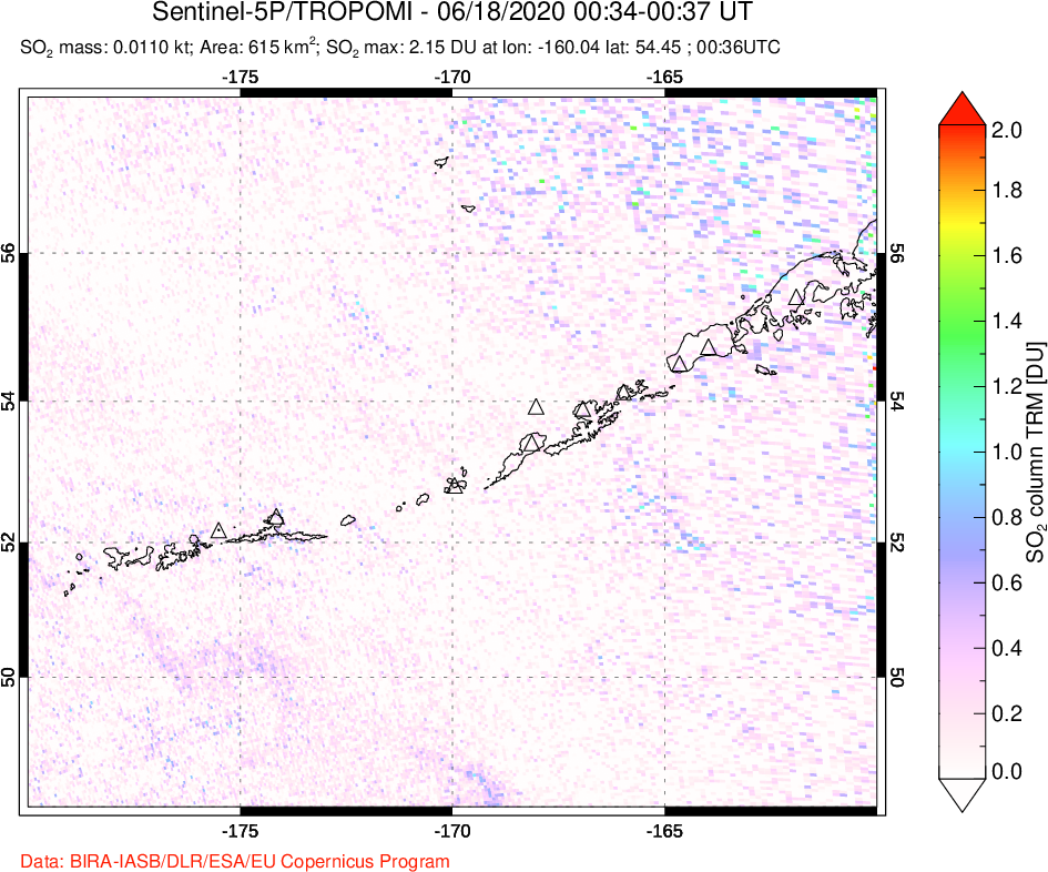 A sulfur dioxide image over Aleutian Islands, Alaska, USA on Jun 18, 2020.