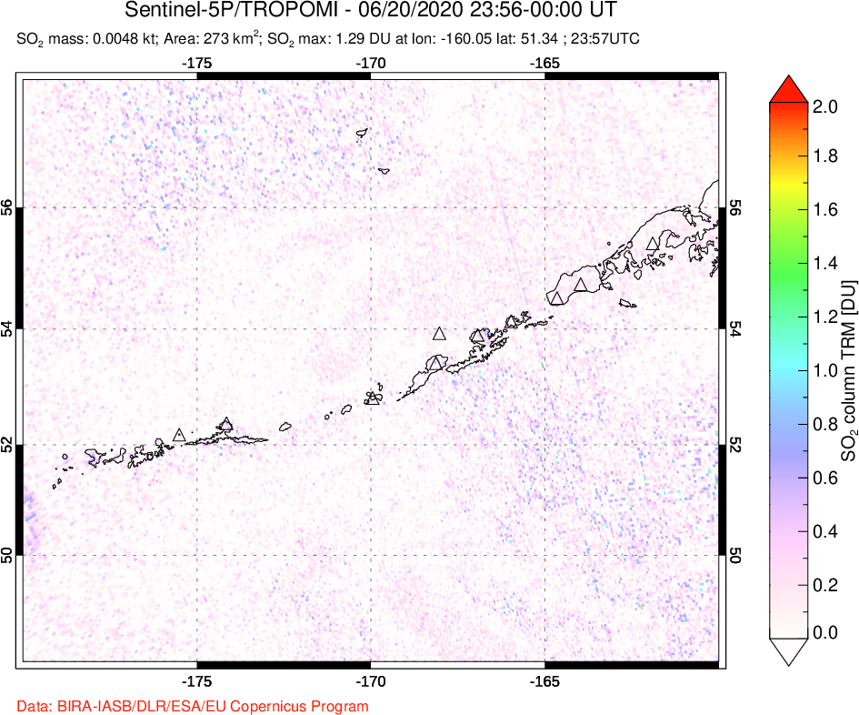 A sulfur dioxide image over Aleutian Islands, Alaska, USA on Jun 20, 2020.