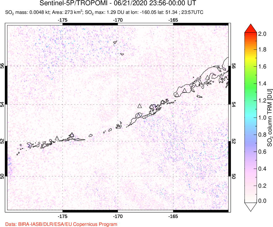 A sulfur dioxide image over Aleutian Islands, Alaska, USA on Jun 21, 2020.