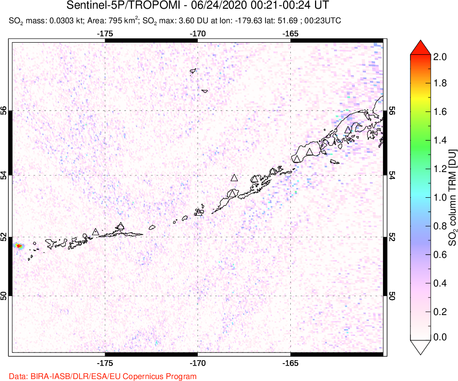 A sulfur dioxide image over Aleutian Islands, Alaska, USA on Jun 24, 2020.
