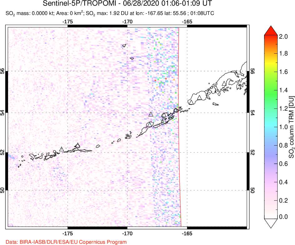 A sulfur dioxide image over Aleutian Islands, Alaska, USA on Jun 28, 2020.