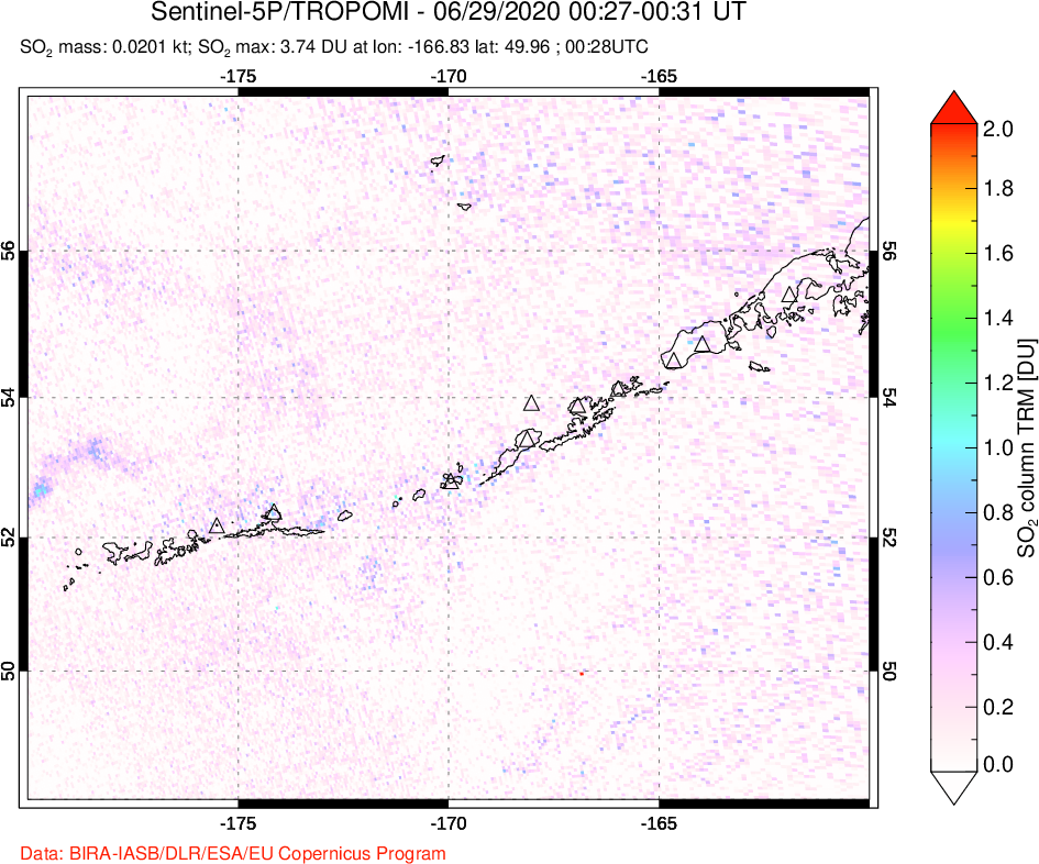 A sulfur dioxide image over Aleutian Islands, Alaska, USA on Jun 29, 2020.