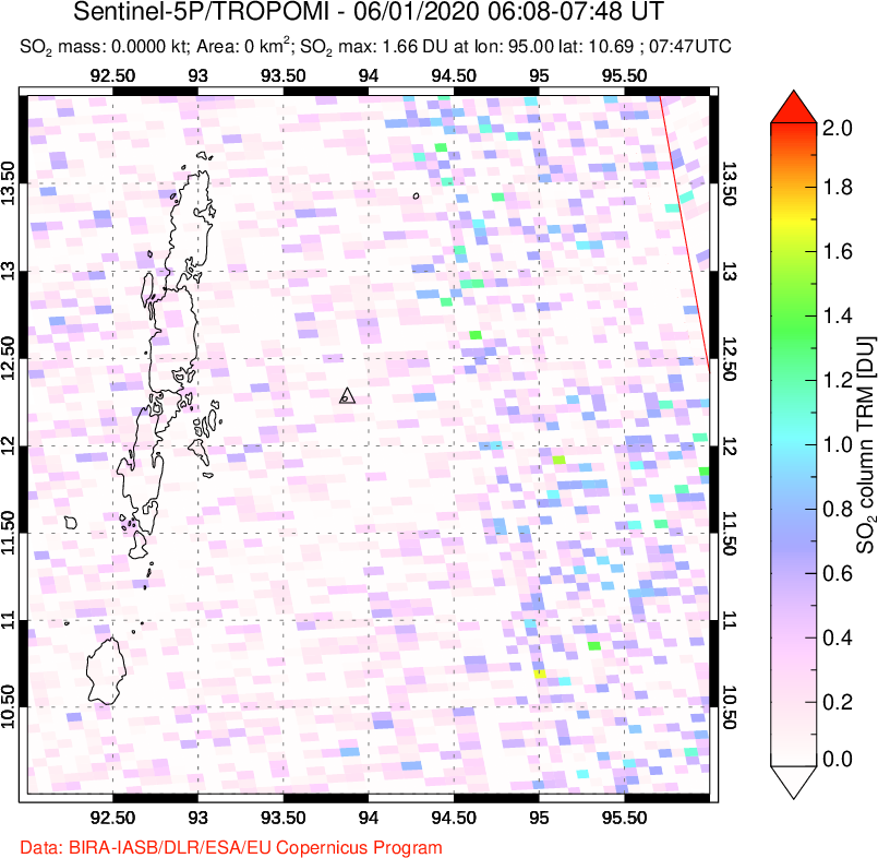 A sulfur dioxide image over Andaman Islands, Indian Ocean on Jun 01, 2020.