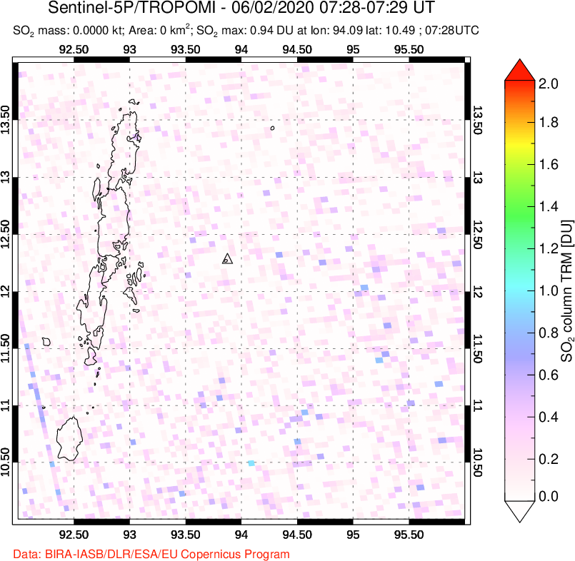 A sulfur dioxide image over Andaman Islands, Indian Ocean on Jun 02, 2020.