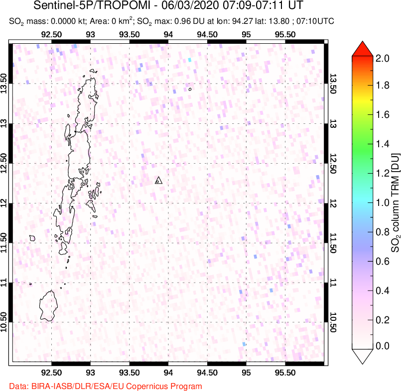 A sulfur dioxide image over Andaman Islands, Indian Ocean on Jun 03, 2020.