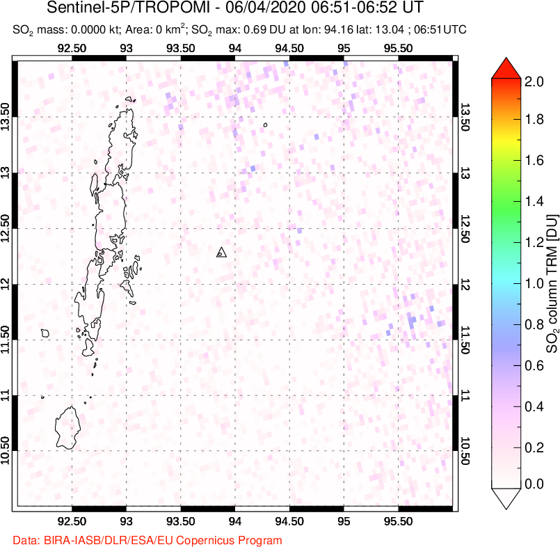 A sulfur dioxide image over Andaman Islands, Indian Ocean on Jun 04, 2020.