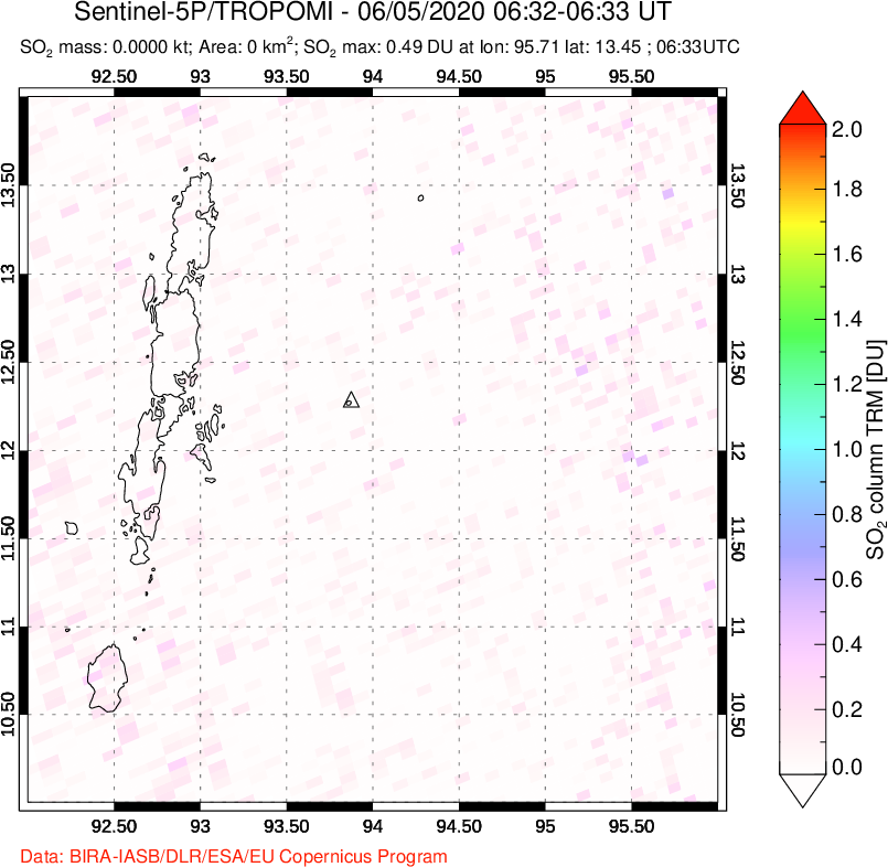 A sulfur dioxide image over Andaman Islands, Indian Ocean on Jun 05, 2020.
