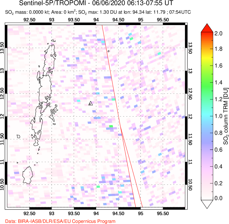 A sulfur dioxide image over Andaman Islands, Indian Ocean on Jun 06, 2020.