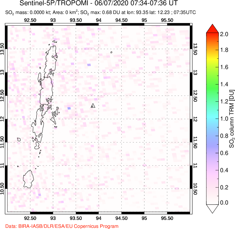 A sulfur dioxide image over Andaman Islands, Indian Ocean on Jun 07, 2020.