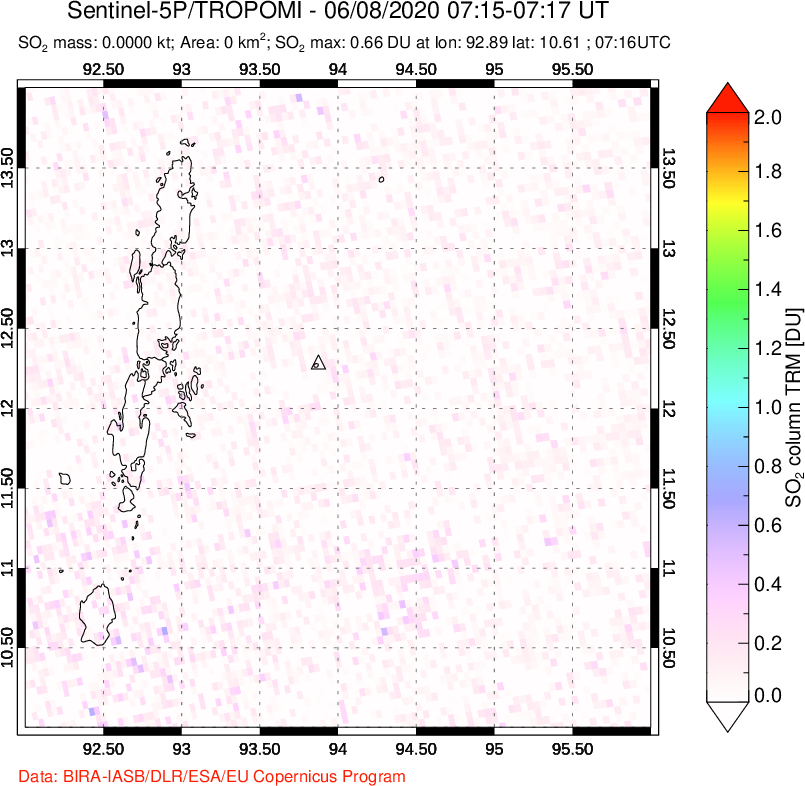 A sulfur dioxide image over Andaman Islands, Indian Ocean on Jun 08, 2020.