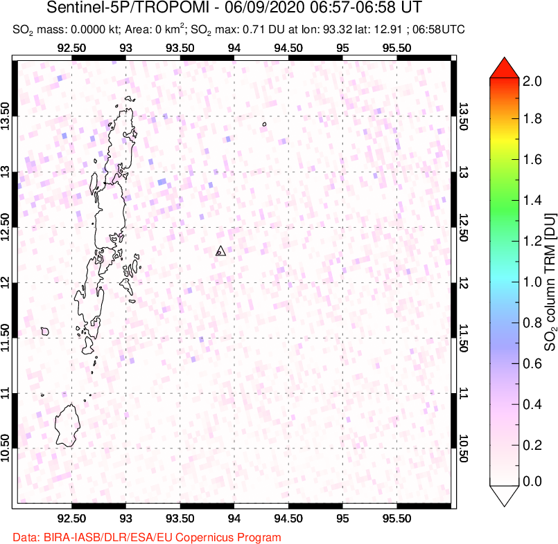 A sulfur dioxide image over Andaman Islands, Indian Ocean on Jun 09, 2020.
