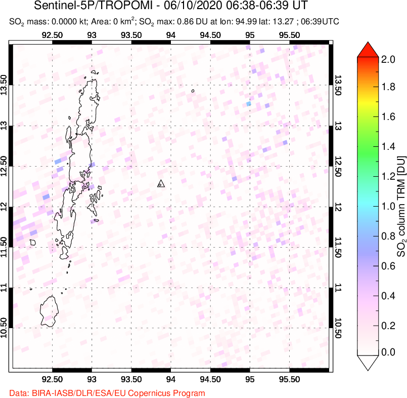 A sulfur dioxide image over Andaman Islands, Indian Ocean on Jun 10, 2020.