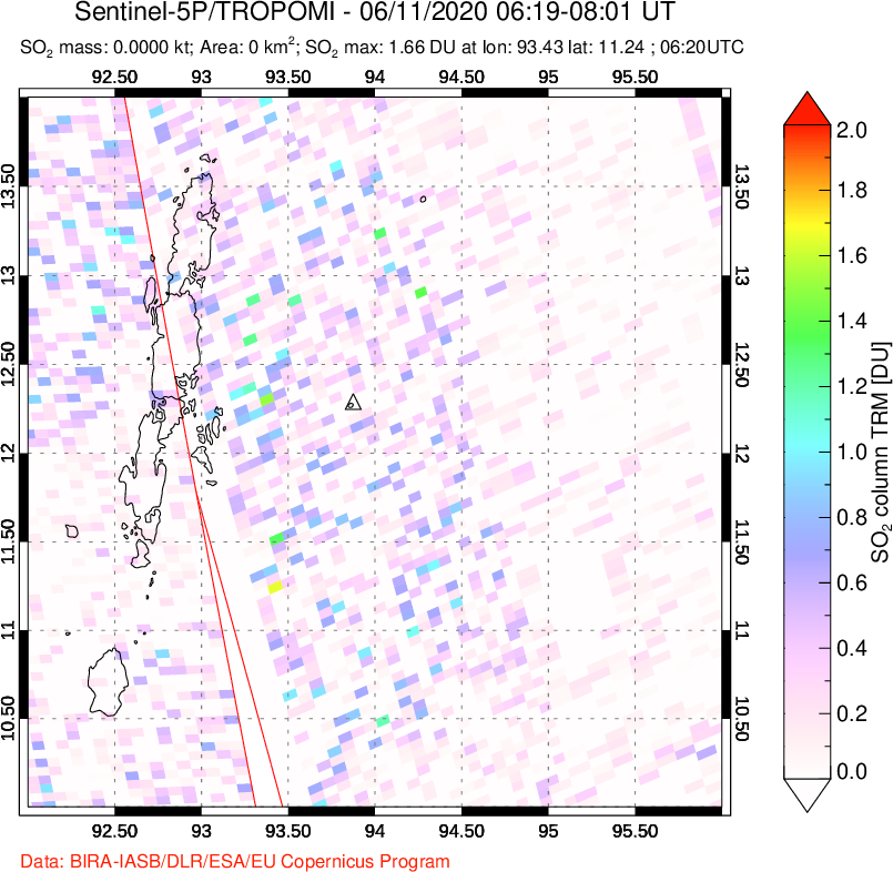 A sulfur dioxide image over Andaman Islands, Indian Ocean on Jun 11, 2020.