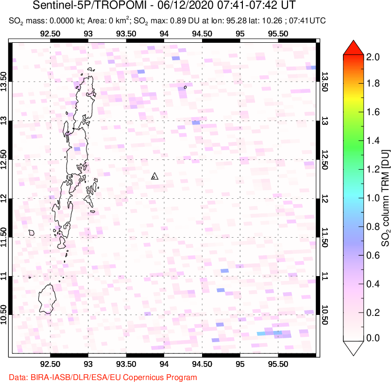 A sulfur dioxide image over Andaman Islands, Indian Ocean on Jun 12, 2020.