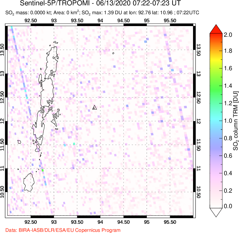 A sulfur dioxide image over Andaman Islands, Indian Ocean on Jun 13, 2020.