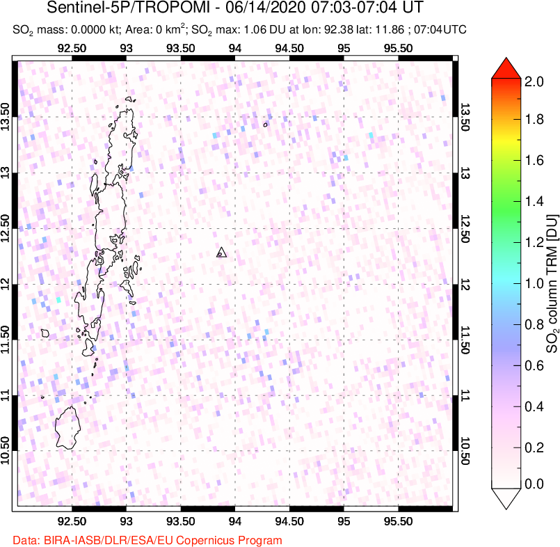 A sulfur dioxide image over Andaman Islands, Indian Ocean on Jun 14, 2020.