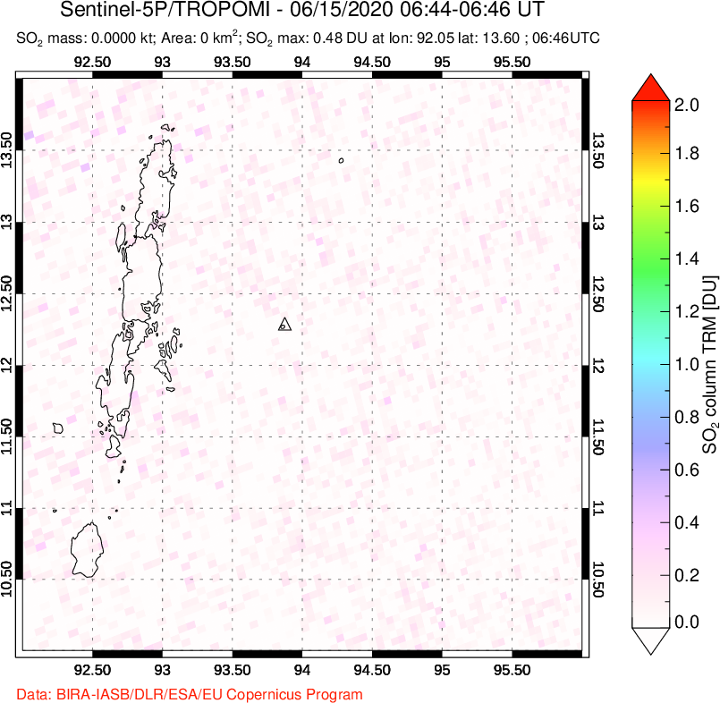 A sulfur dioxide image over Andaman Islands, Indian Ocean on Jun 15, 2020.