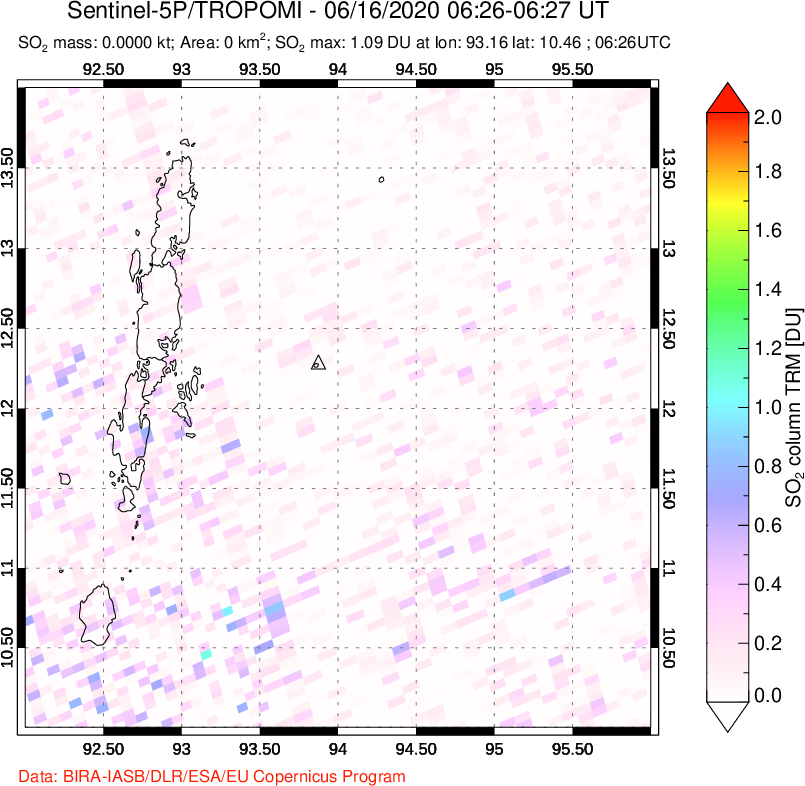 A sulfur dioxide image over Andaman Islands, Indian Ocean on Jun 16, 2020.