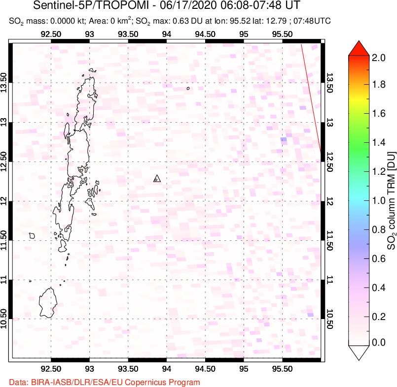 A sulfur dioxide image over Andaman Islands, Indian Ocean on Jun 17, 2020.