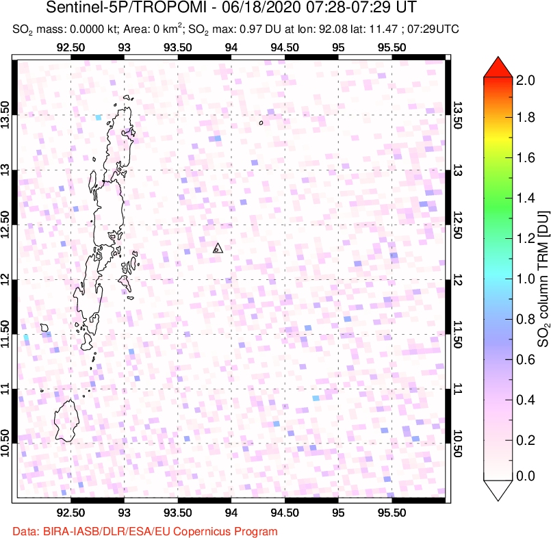 A sulfur dioxide image over Andaman Islands, Indian Ocean on Jun 18, 2020.